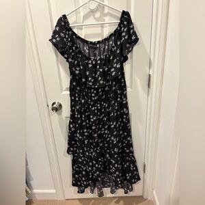 NWT Black Floral Midi Dress with Ruffle Neckline